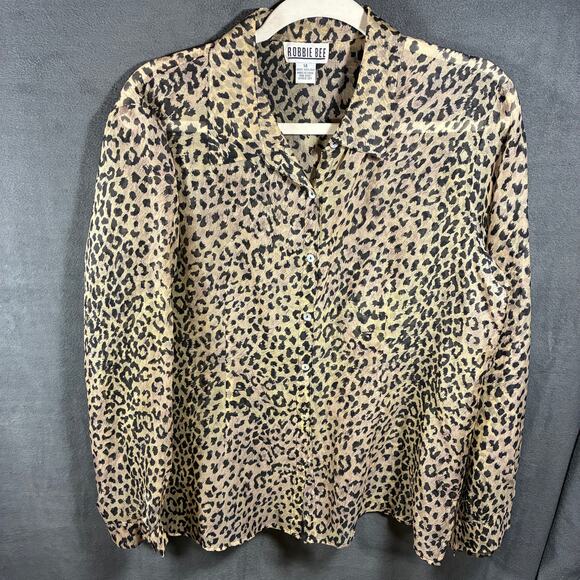 VTG y2k robbie bee women silk top medium mobwife cheetah animal silky button - Picture 1 of 6